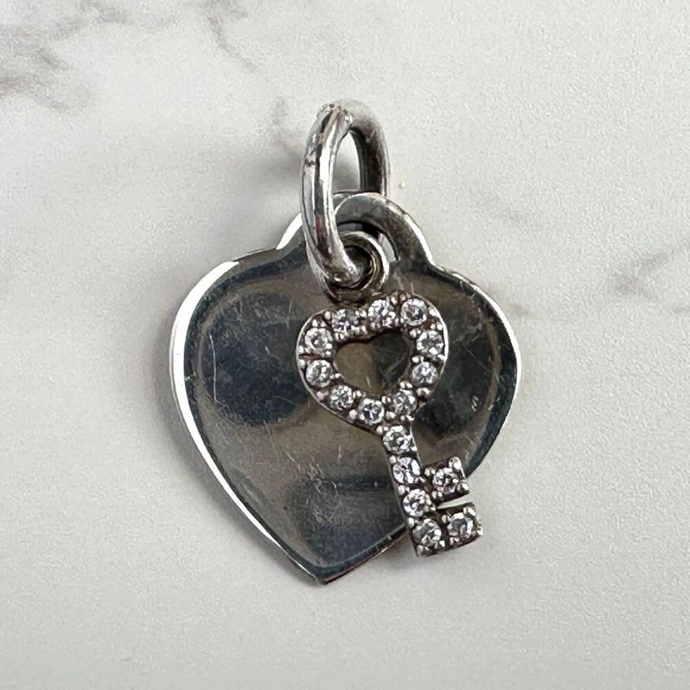 Sterling Silver & Rhinestones Heart and Key Charm or Pendant with 16" Chain